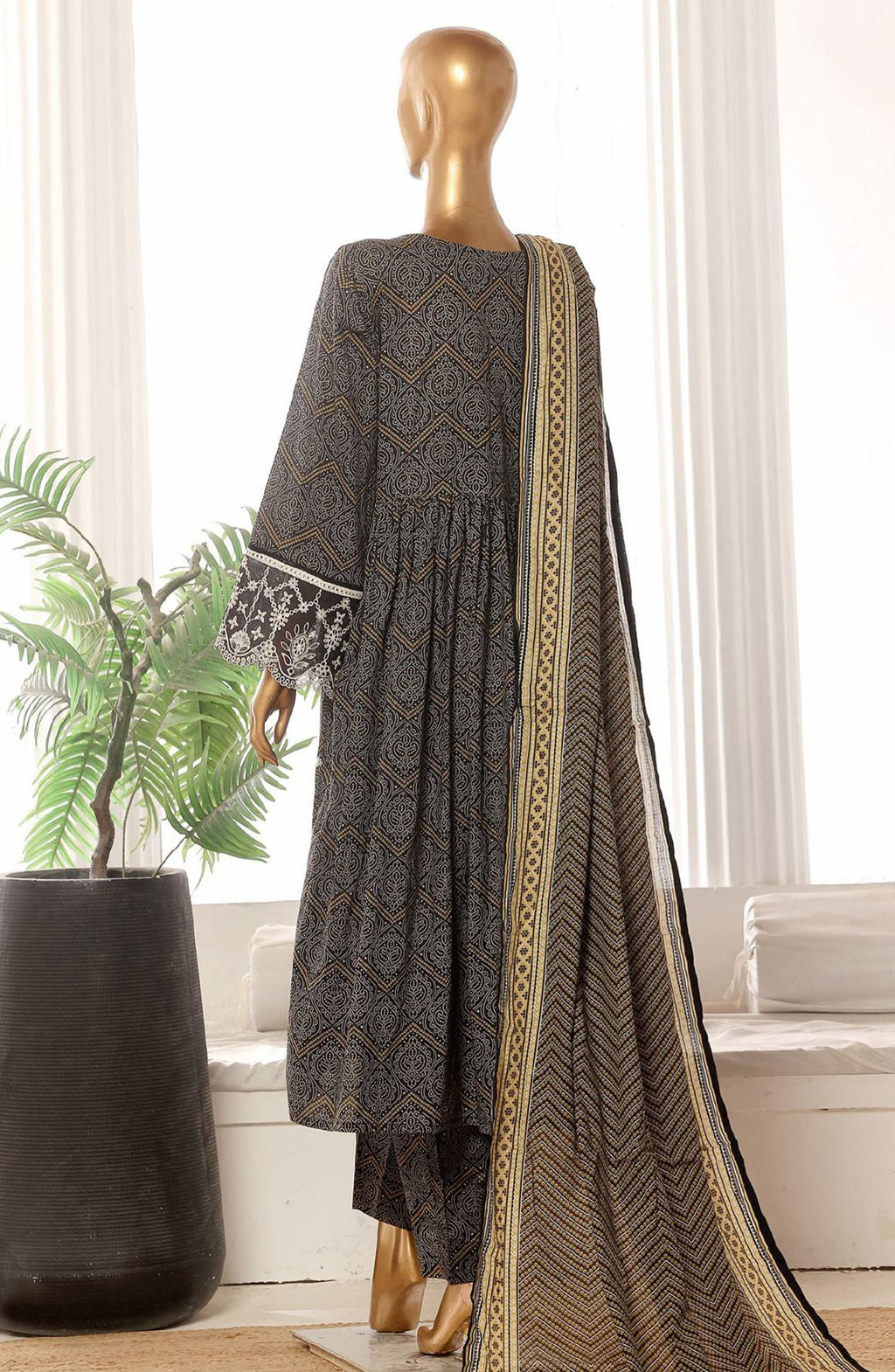 Bin Saeed embroidered frock with trouser and duppatta- Black