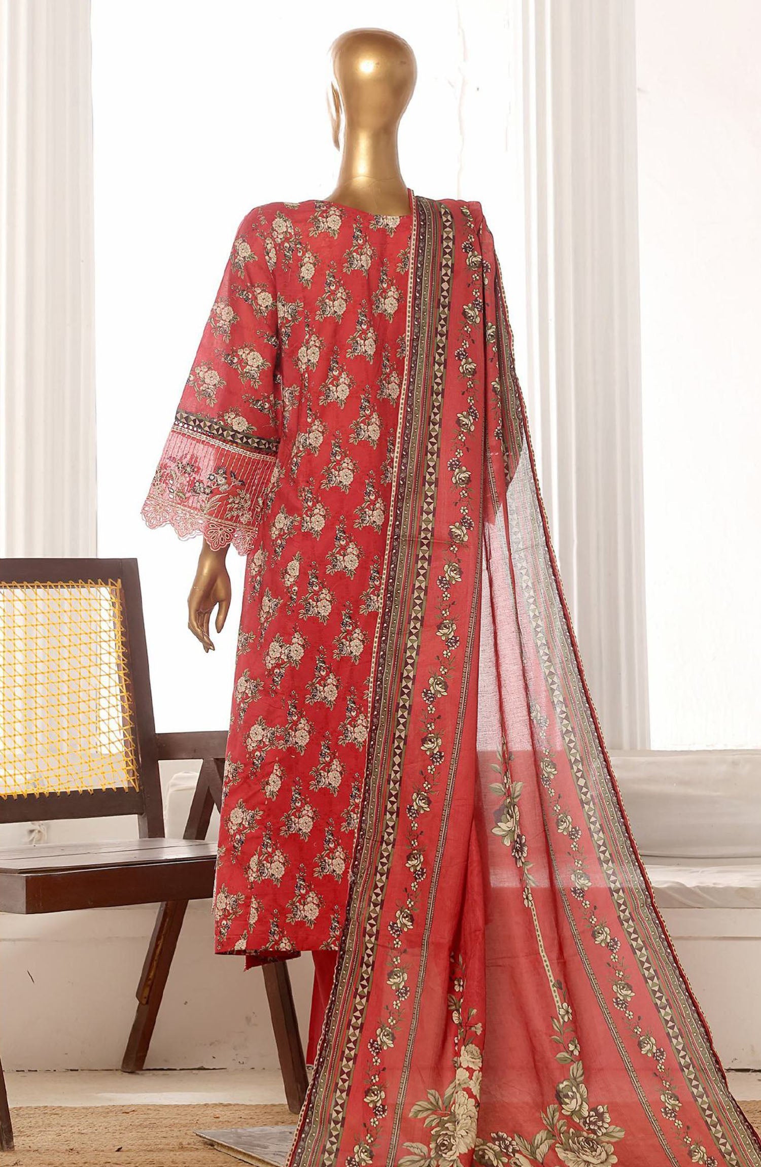 Bin Saeed embroidered frock with trouser and duppatta- Red