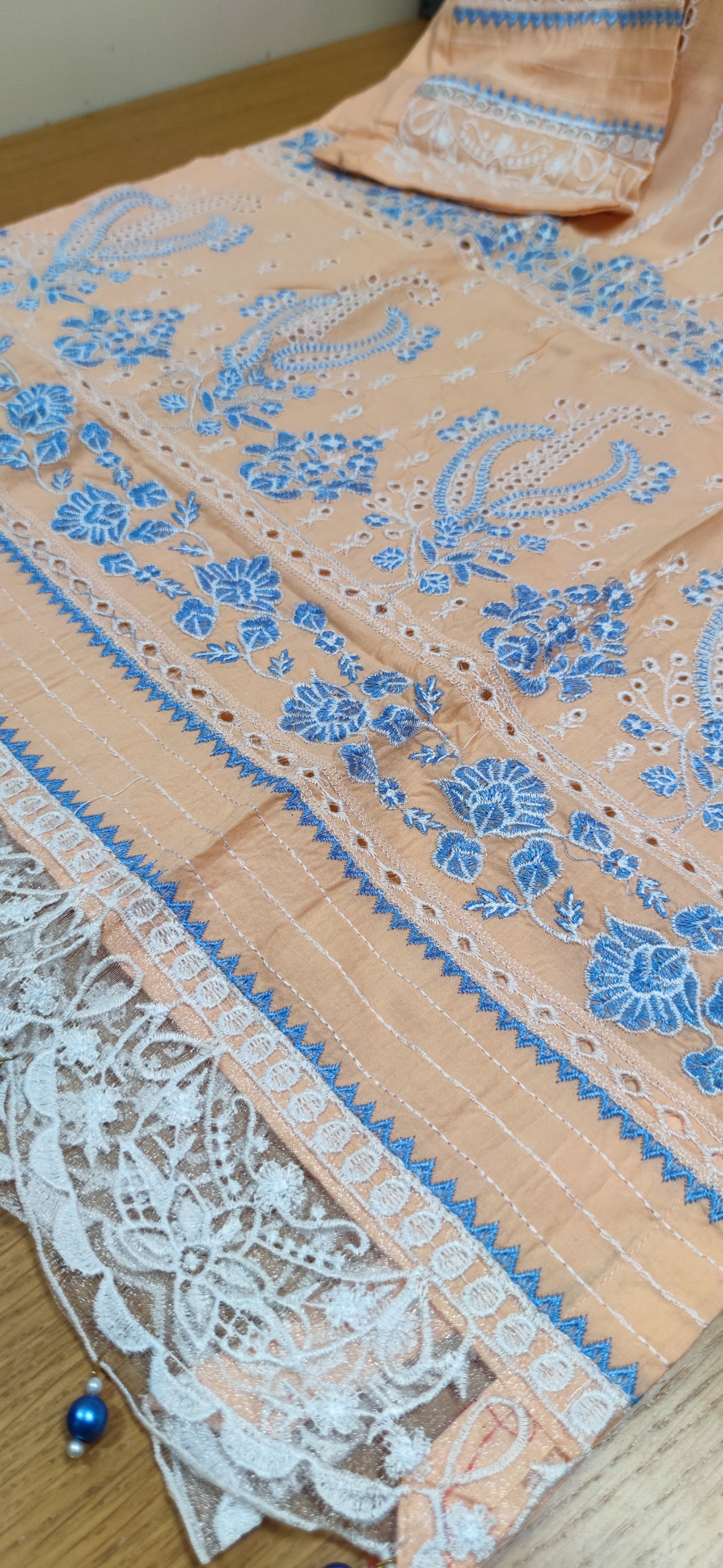 Chickenkari cotton kameez trouser duppatta - Peach