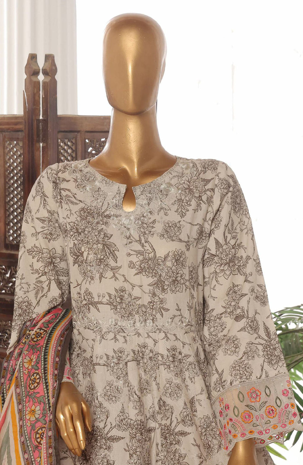 Bin Saeed embroidered frock with trouser and duppatta- Off white