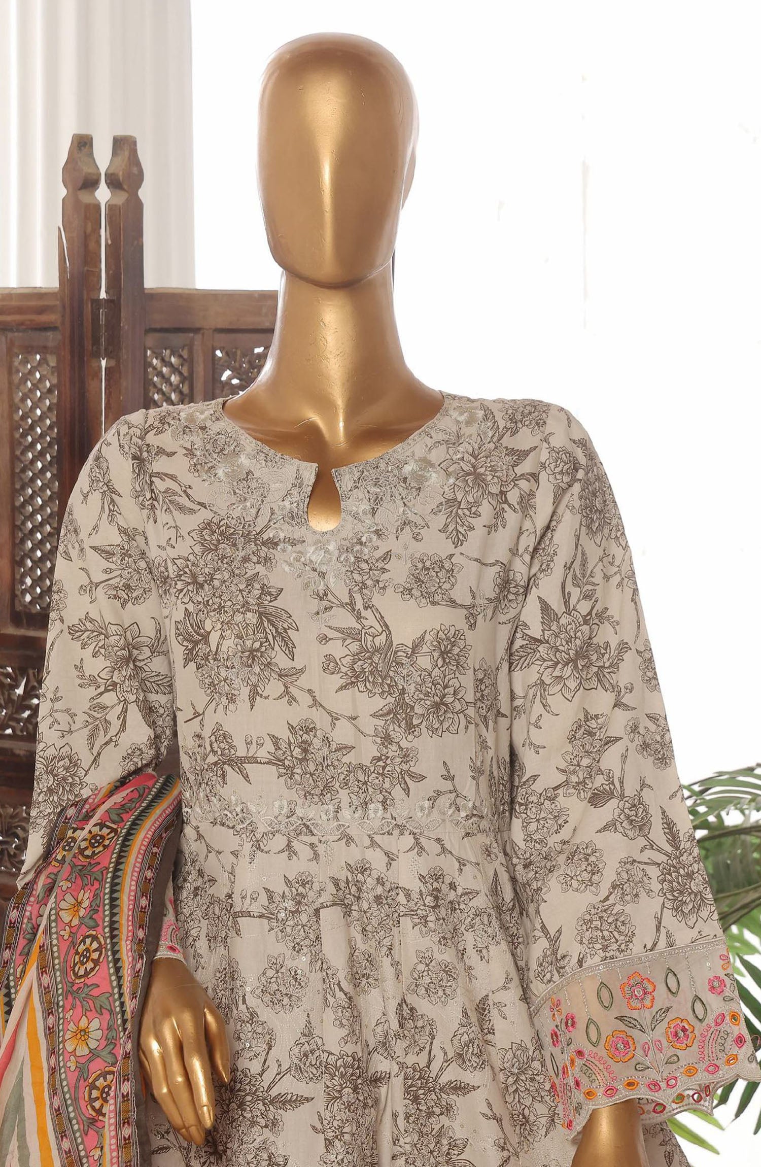 Bin Saeed embroidered frock with trouser and duppatta- Off white