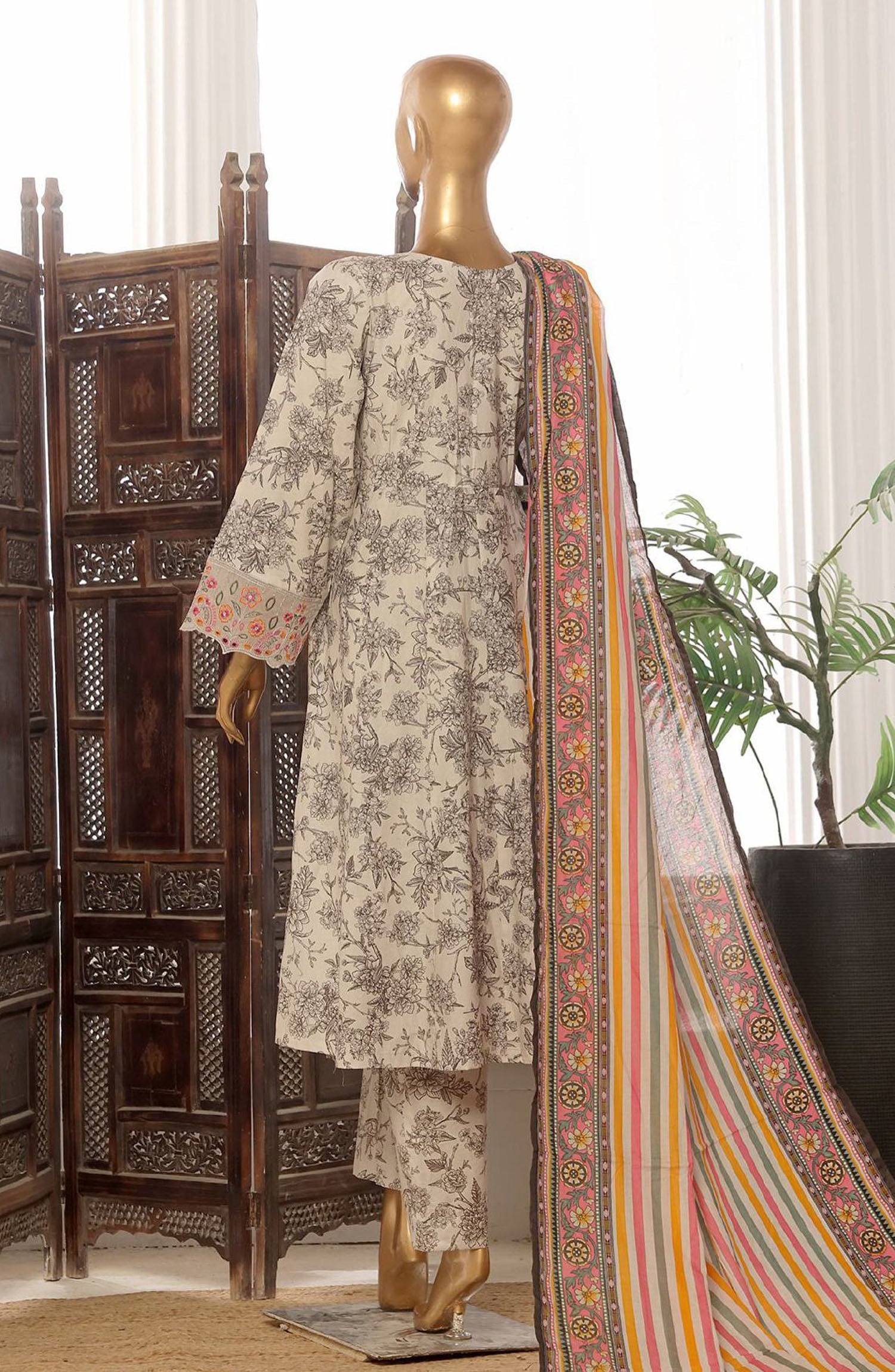 Bin Saeed embroidered frock with trouser and duppatta- Off white