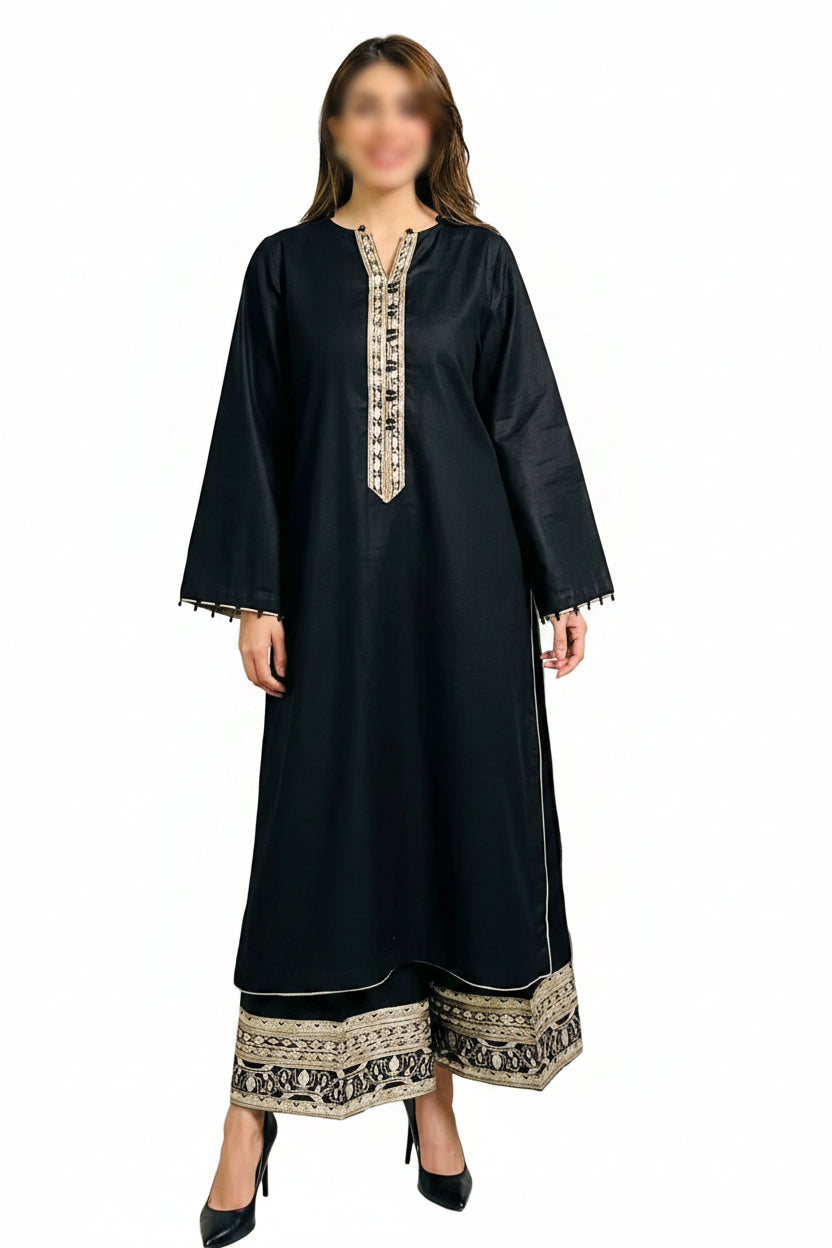 Linen black embroidered kameez trouser with chiffon duppatta